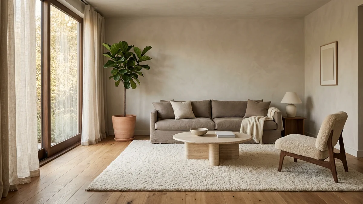 A serene warm-minimalist living room with limewash plaster walls, a low mushroom linen sofa, a travertine plinth coffee table, a shearling lounge chair, and warm golden side light