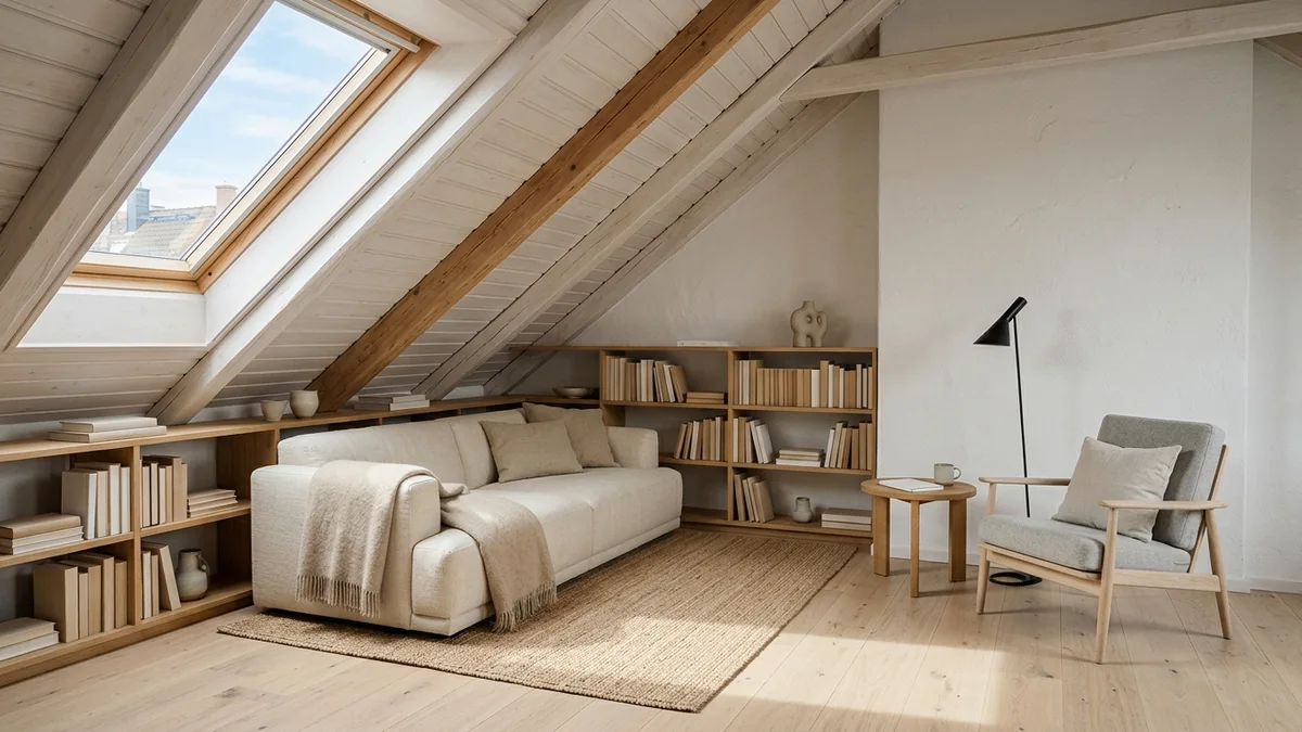 An attic living room that works with its steeply sloped ceiling: a low sofa tucked under the slope, a skylight, low bookshelves following the eaves