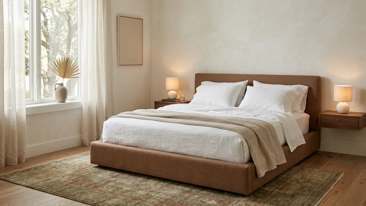 A calm 2026 bedroom with a low putty-linen platform bed, floating oak nightstands, warm plaster walls, and soft morning light through linen curtains