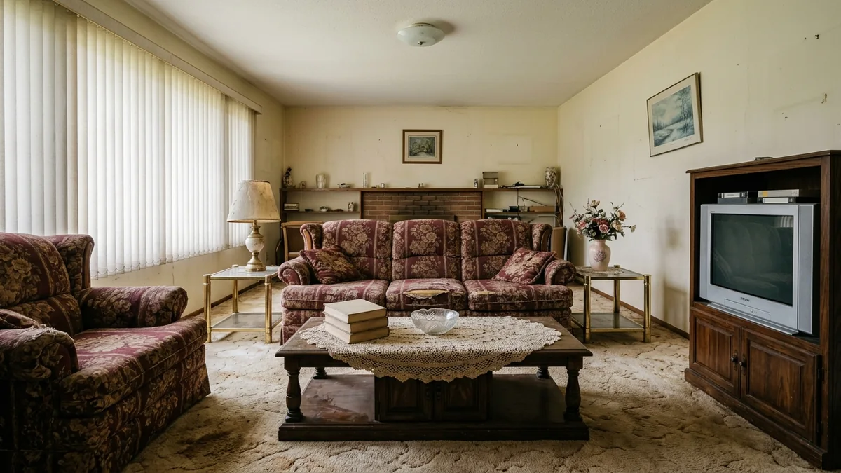 A dated living room with an oxblood floral sofa set, a boxy old TV in an oak unit, vertical blinds, brass-and-glass tables, and beige carpet, the kind of tired room Grok will happily roast (prompt 9)