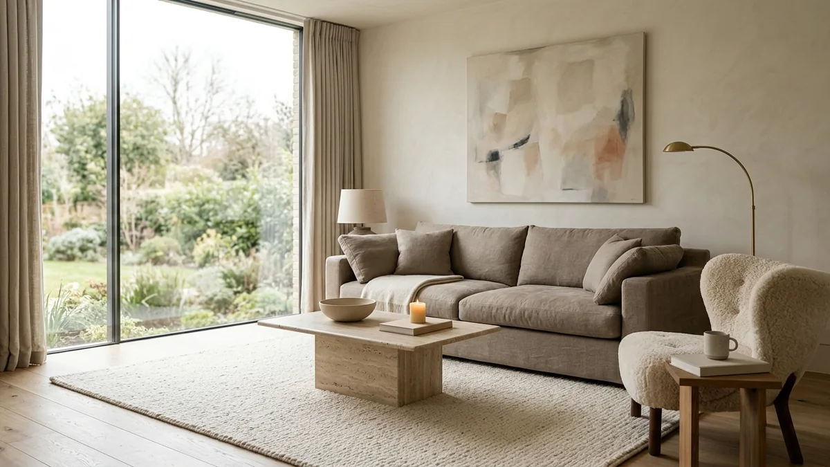 A refined, expensive-looking living room with a deep-seat mushroom linen sofa, a sculptural travertine plinth table, a curved shearling lounge chair, and layered warm lighting