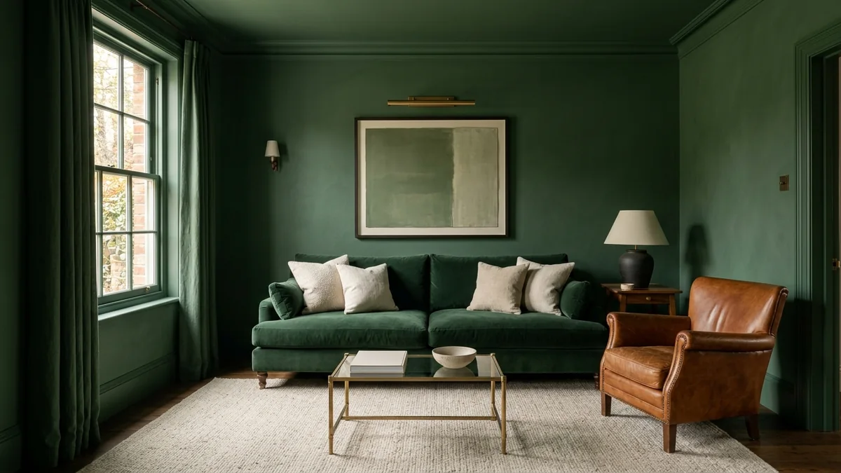 A snug room colour-drenched in deep forest green, walls, trim and ceiling one tone, with a green velvet sofa, cognac leather chair, and cream cushions to break it up