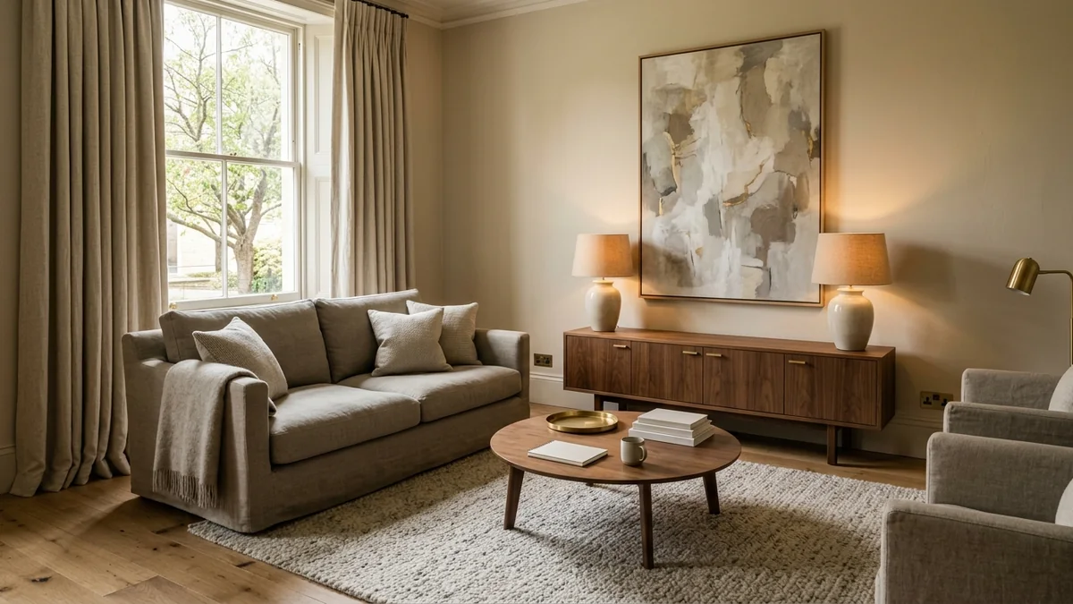 A boutique-hotel-style living room with a greige linen sofa, symmetrical table lamps, floor-length linen drapes, layered warm lighting, and brass accents