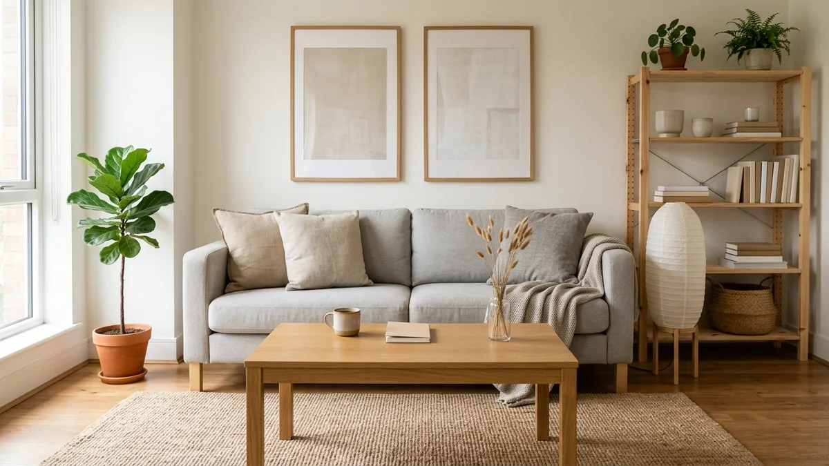 An affordable living room styled to look three times its price: a simple light-grey sofa, a plain oak-veneer coffee table, open pine shelving, and neutral art