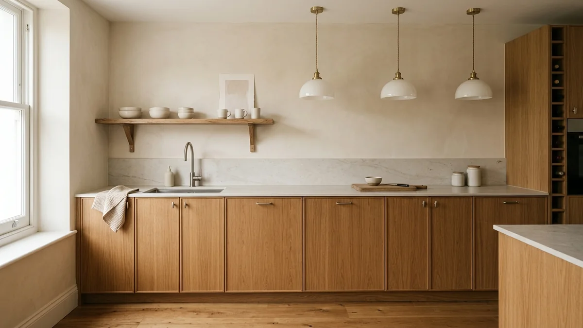 A warm modern kitchen with flat-front pale oak cabinets, a honed marble worktop, matte-black tapware, ribbed-glass pendant lights, and open oak shelving
