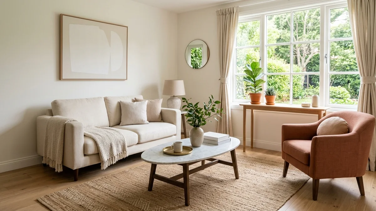 A small but well-laid-out bright living room with a compact sage sofa floated off the wall, rattan armchairs, a round wood coffee table, and a clear walking path