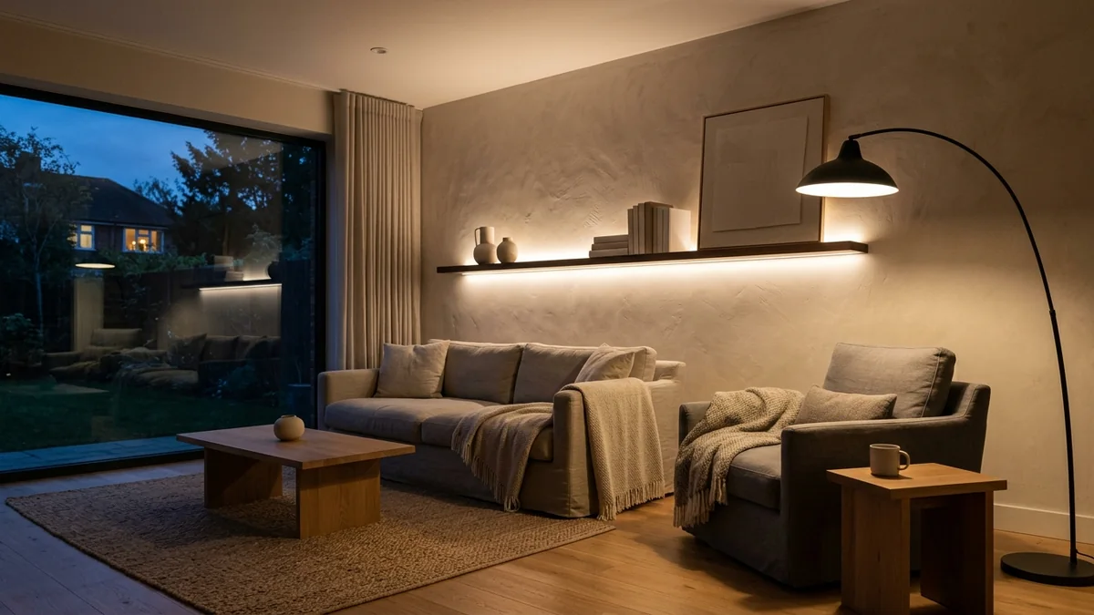 A living room lit in three layers at dusk: soft ambient ceiling glow, a warm task pool from an arc lamp, and low accent light washing a plastered wall