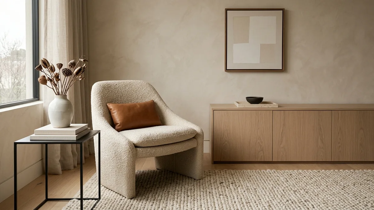 A living corner mixing materials and textures: pale oak, honed travertine, blackened steel, boucle, leather, ceramic and a wool rug in one warm neutral frame
