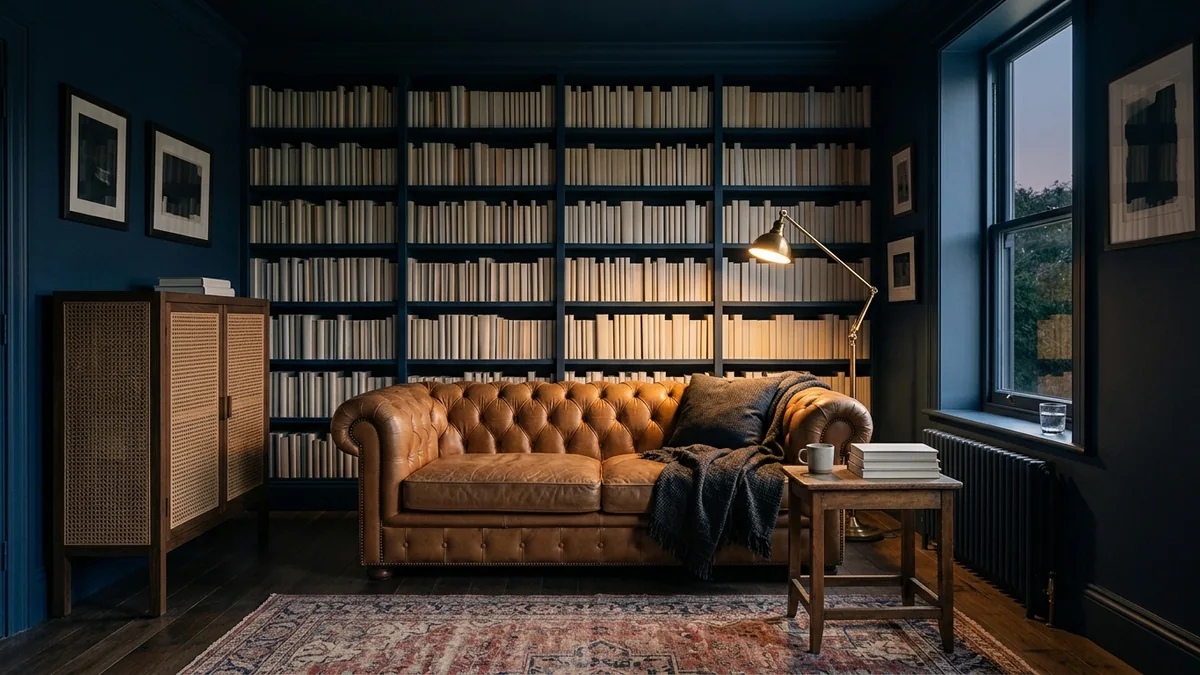 A moody color-drenched living room with deep forest-green walls, a cognac leather sofa, a burl-wood cabinet, and a warm brass lamp casting amber light