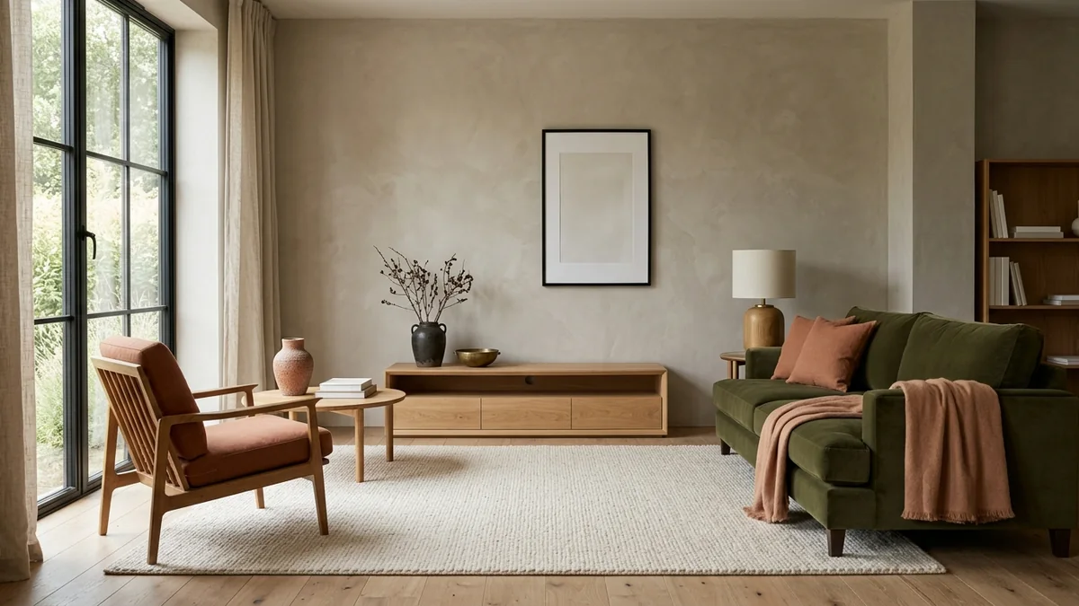 A colour-balanced living room built on a 60-30-10 palette: warm greige walls, a deep olive sofa, and terracotta and brass accents