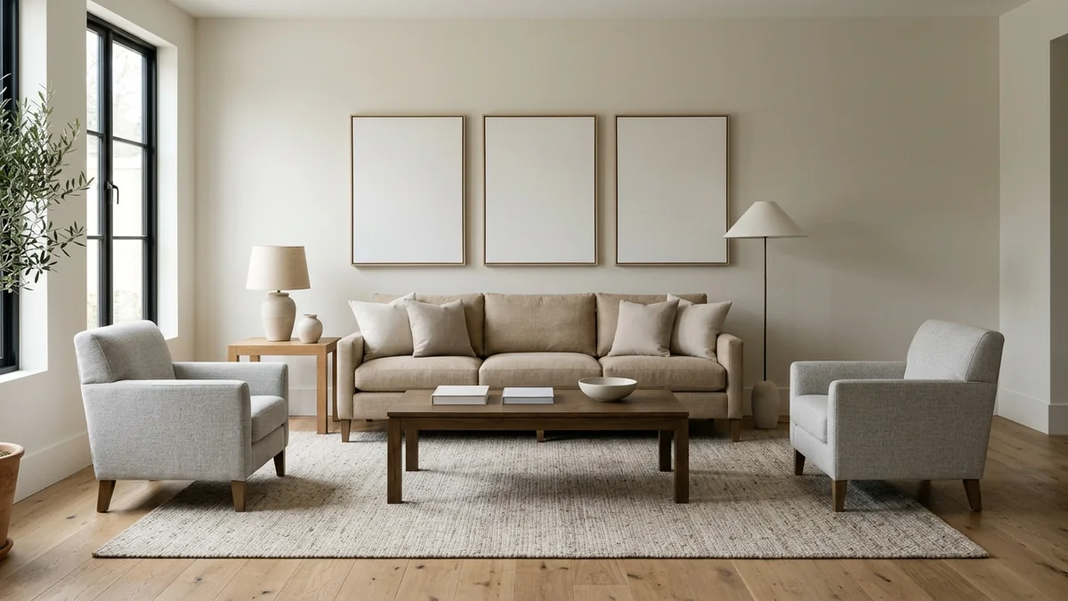 A living room with textbook furniture proportions: a correctly sized sofa, a coffee table two-thirds its length, and a rug large enough that all seating sits on it