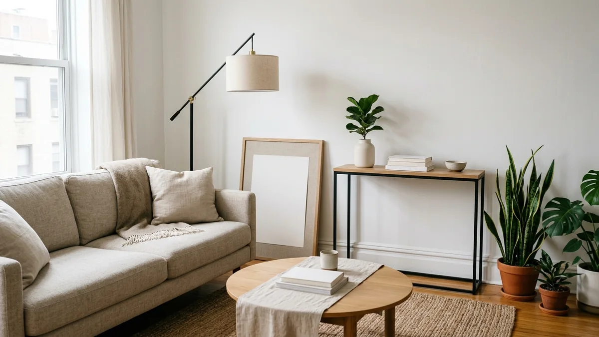 A rental living room made to look intentional with only freestanding, removable pieces: a neutral sofa, a large leaning framed print, a warm rug, and plants, on untouched white walls
