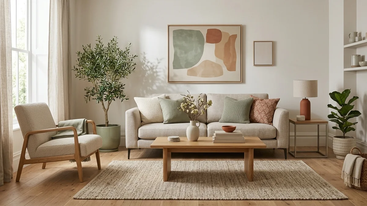 A fully finished, well-shopped modern living room where every layer is present: sofa, armchair, rug, coffee table, side table, lamp, art, plants and cushions in a warm neutral palette