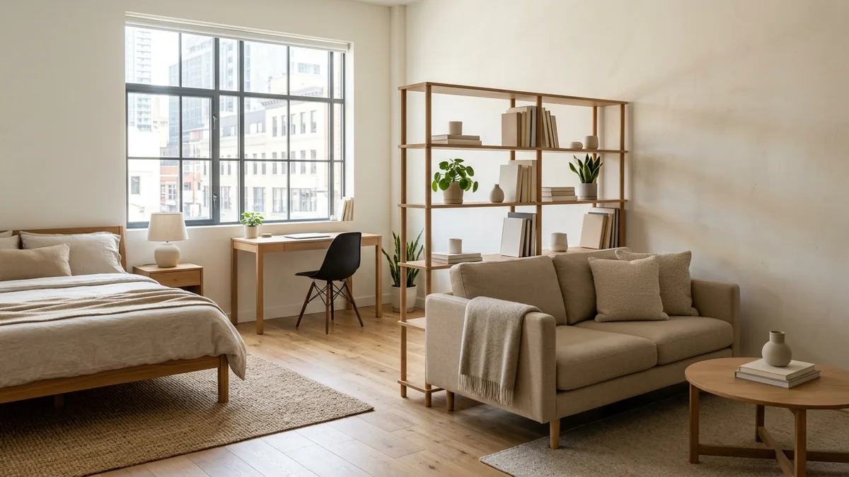 A small studio apartment zoned into sleeping, working and living areas using only furniture placement, with a rug-defined bed, a slim desk, and a sofa acting as a divider