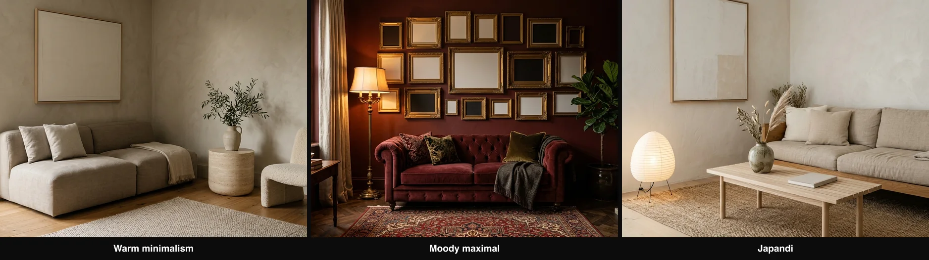 Three interior looks trending in 2026 side by side: warm minimalism with a linen sofa and travertine, moody maximalism with an aubergine wall and gallery art, and calm Japandi with low wood furniture