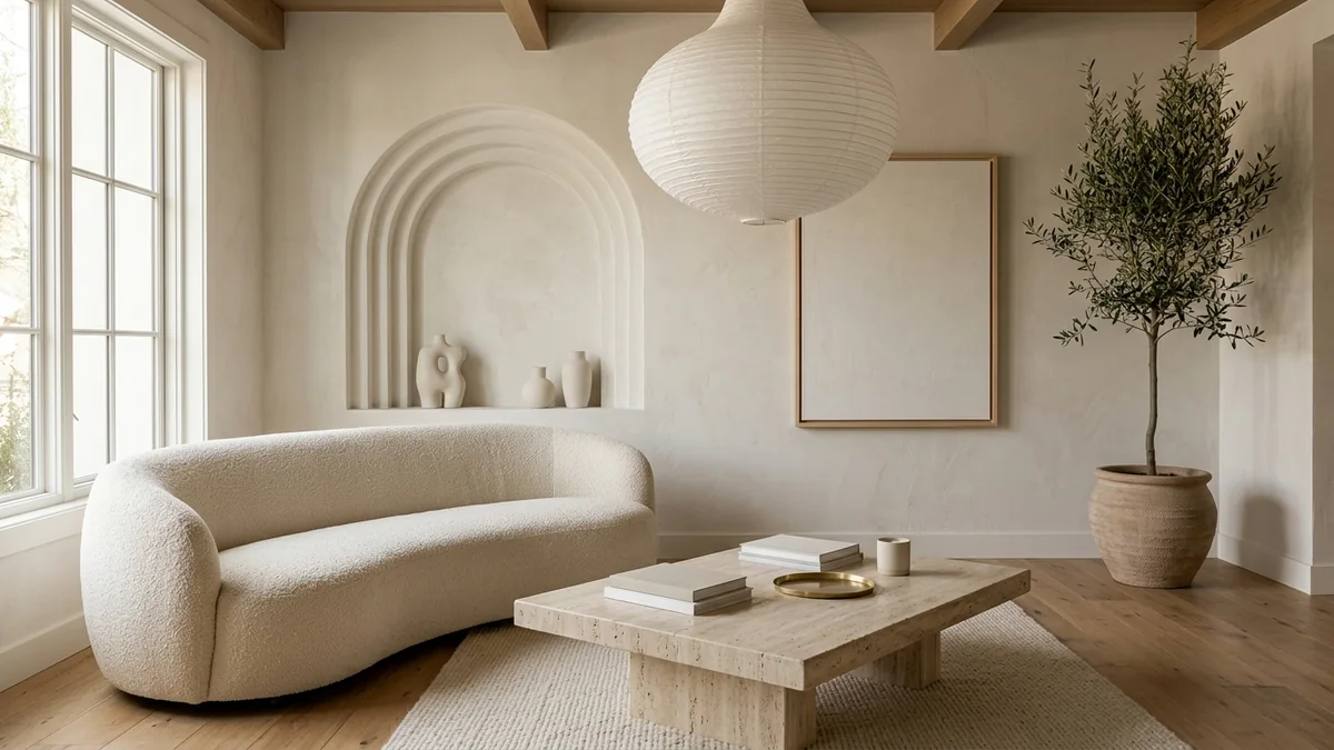 A share-worthy statement living room with a curved cream boucle sofa, a plastered arched niche, a travertine coffee table, and a sculptural paper pendant