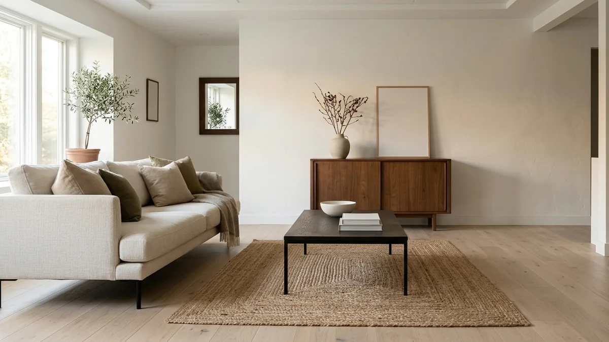 A room mixing wood tones deliberately: a pale oak floor, a mid-walnut sideboard, and a dark-stained coffee table tied together with a jute rug and black metal legs