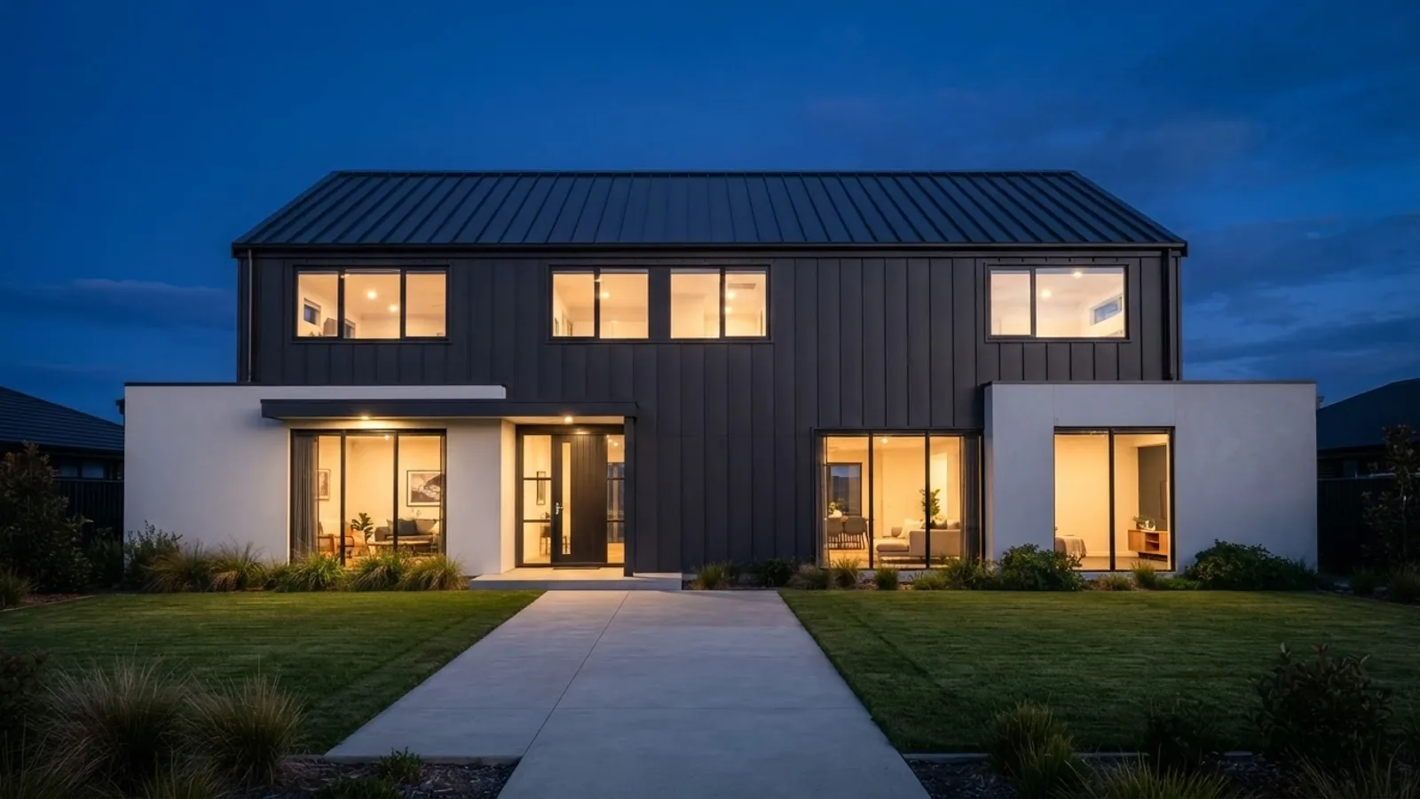 The front elevation of a house at dusk with warm interior lights on, framed low and wide for a crane up camera move