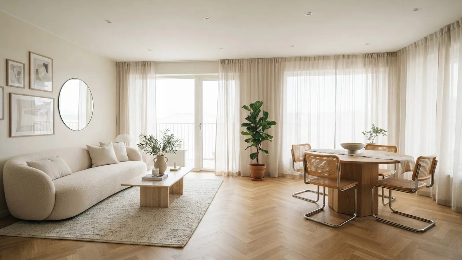 An open plan living and dining room shot wide from the corner, a boucle sofa and low coffee table on the left, a round dining table with cane chairs on the right, sheer curtains across the back wall