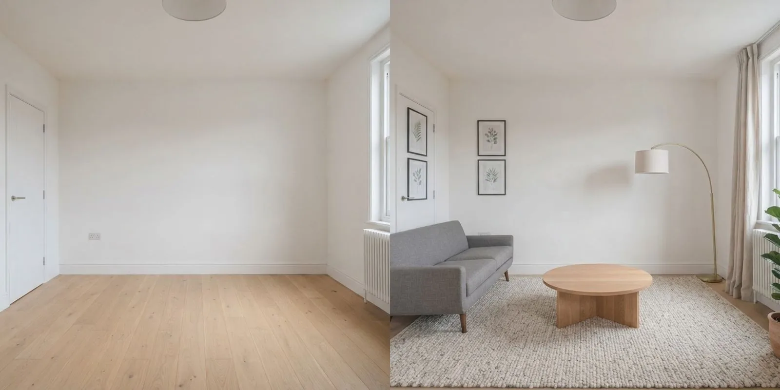 The same living room photographed twice, left empty with bare walls and right furnished with a sofa, rug, coffee table and art, showing the frame you should animate rather than the raw listing photo