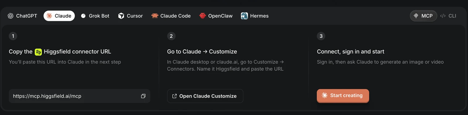 Higgsfield's MCP page with the Claude tab selected, showing the three setup steps: copy the connector URL https://mcp.higgsfield.ai/mcp, go to Claude Customize then Connectors, then connect and sign in