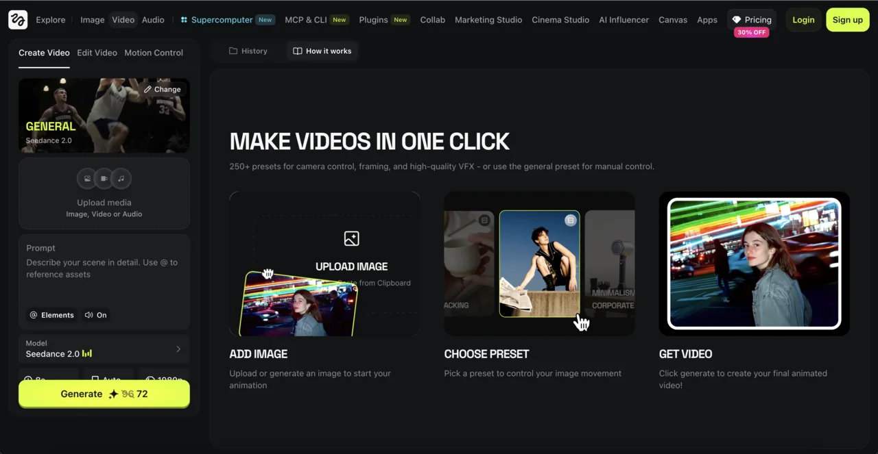 The Higgsfield Create Video screen showing the Add Image, Choose Preset, and Get Video steps for turning a listing photo into a real estate walkthrough clip