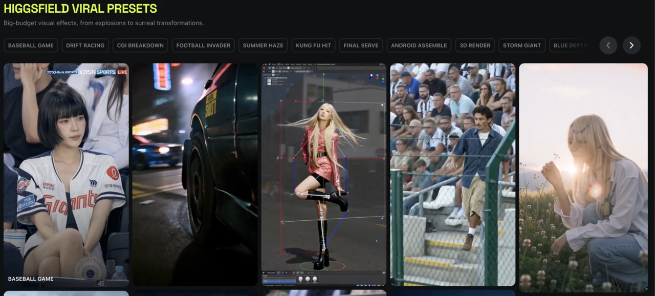 Higgsfield's preset library, the camera and effect presets you pick from to control how the camera moves through a listing photo