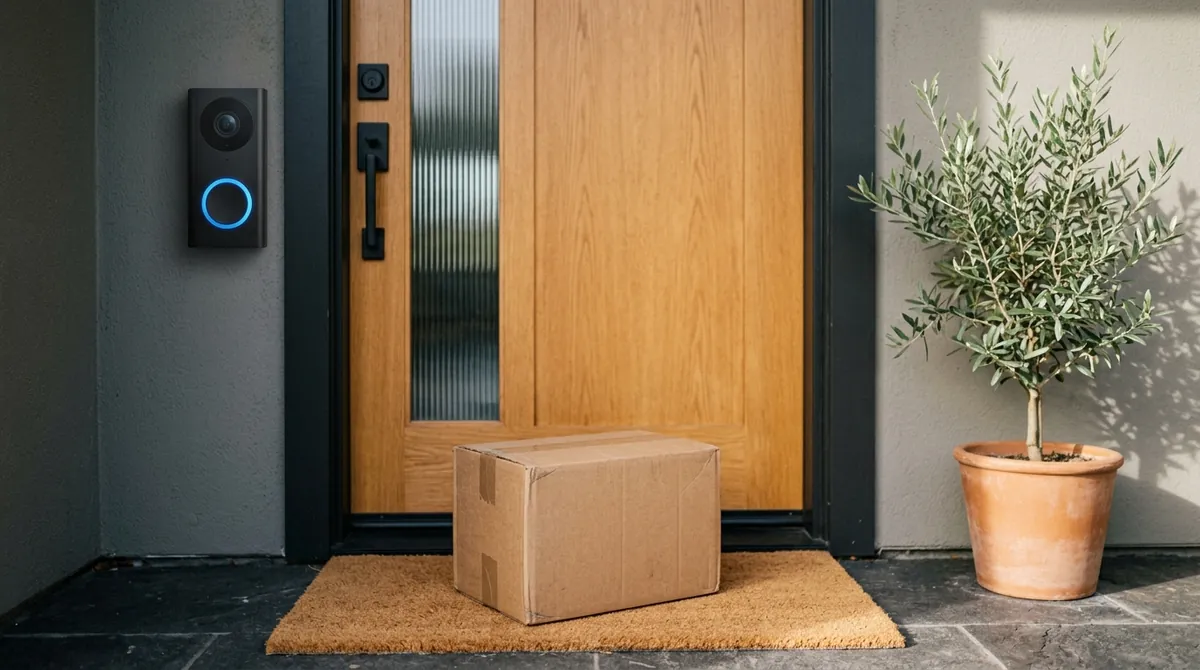 Cardboard delivery package on the doormat of a modern front door with a video doorbell clearly visible beside the frame, illustrating AI package detection