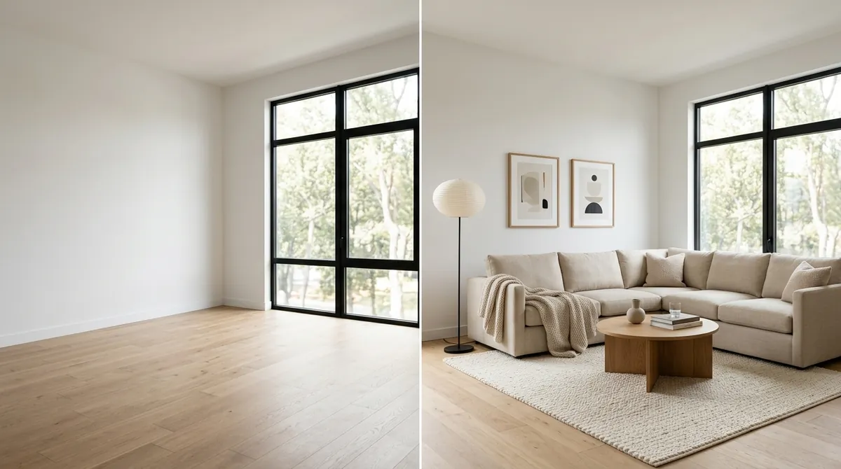 Split view of the same living room before and after an AI redesign: an empty room on the left and the identical room fully furnished in warm minimalist style on the right
