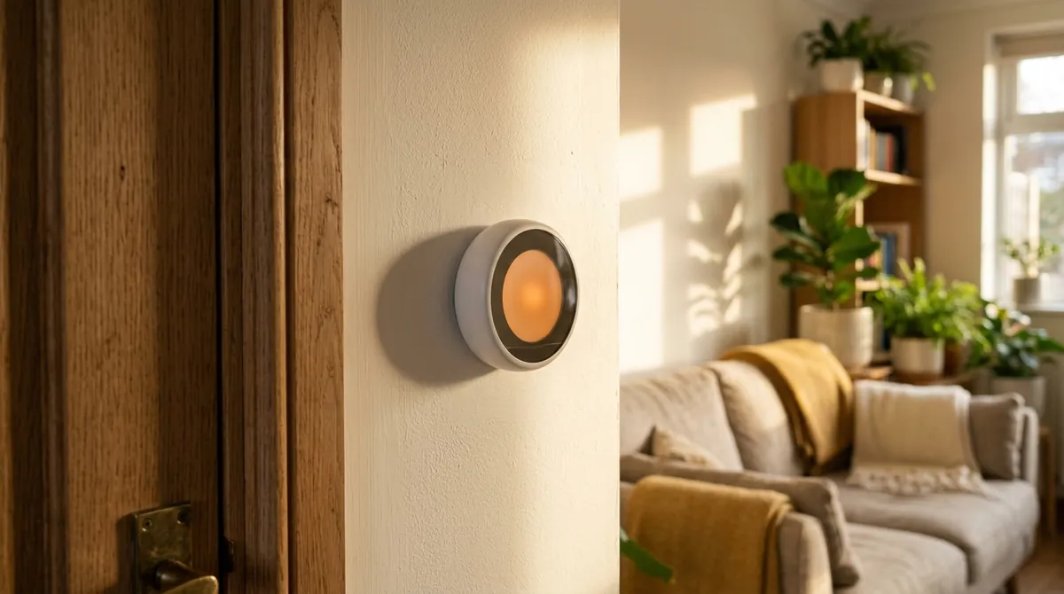 Minimal smart thermostat with a round display mounted on a warm white hallway wall, representing AI climate control that learns a household schedule