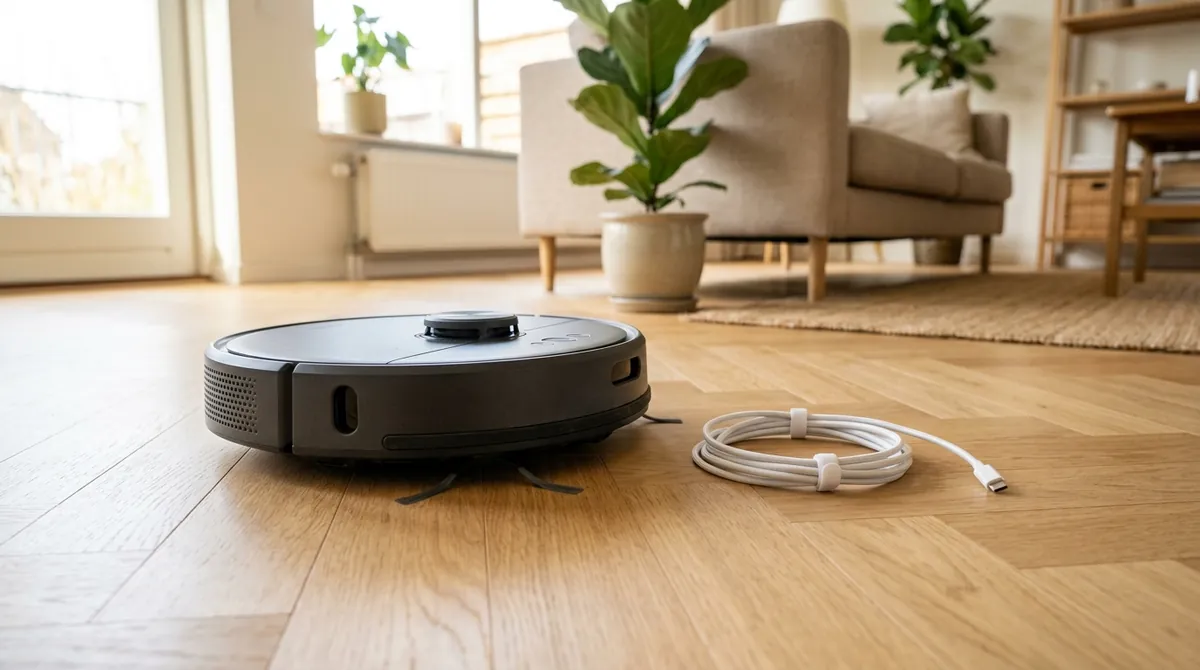 Robot vacuum steering around a loose charging cable on a wooden living room floor, showing AI obstacle recognition