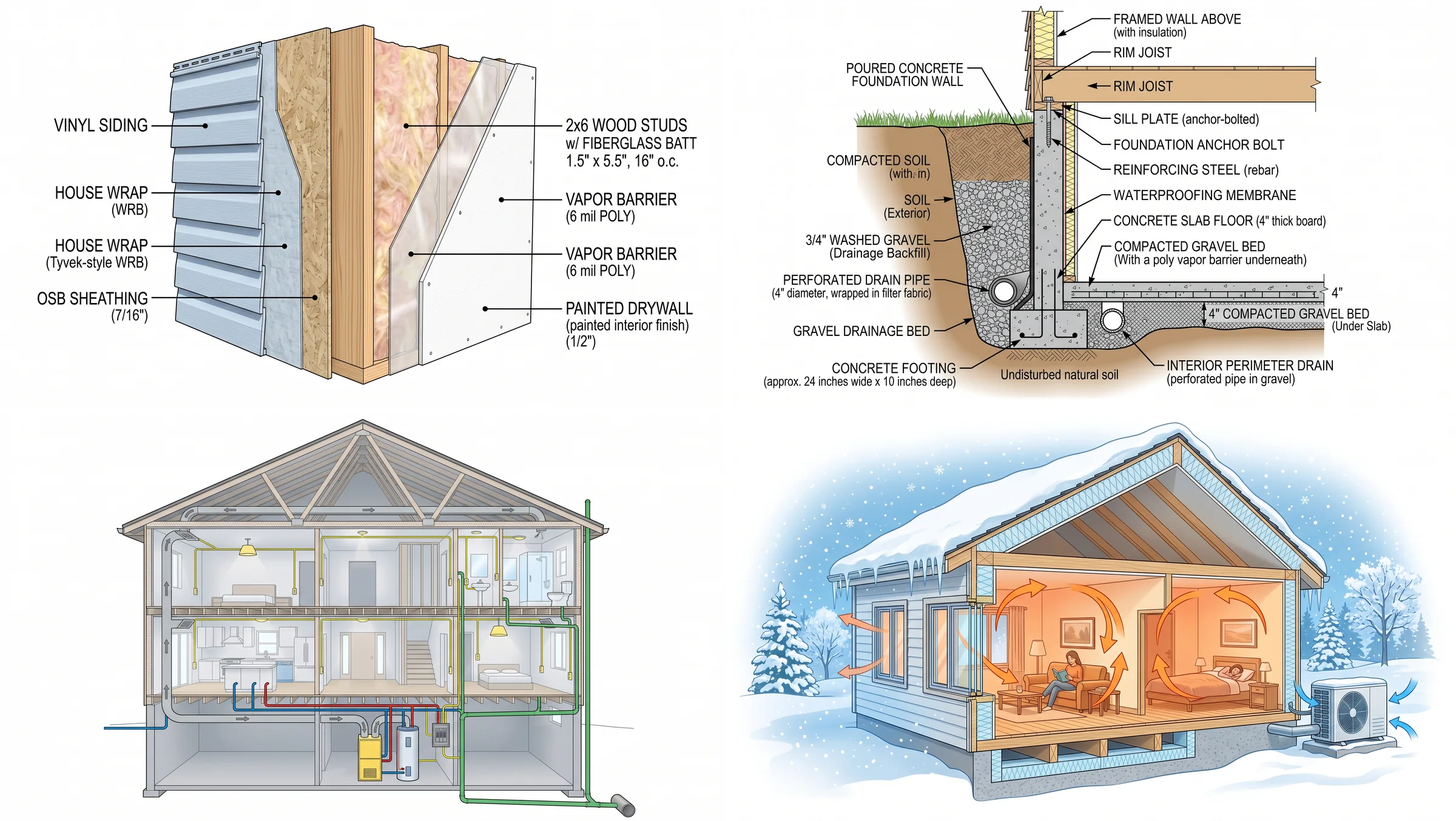 Four house diagrams: a labeled exterior wall section from vinyl siding to drywall, a labeled basement foundation section with a footing and drain pipe, a two story house with color coded pipes, wiring and ducts, and an insulated house in winter with orange heat arrows inside and blue cold air outside