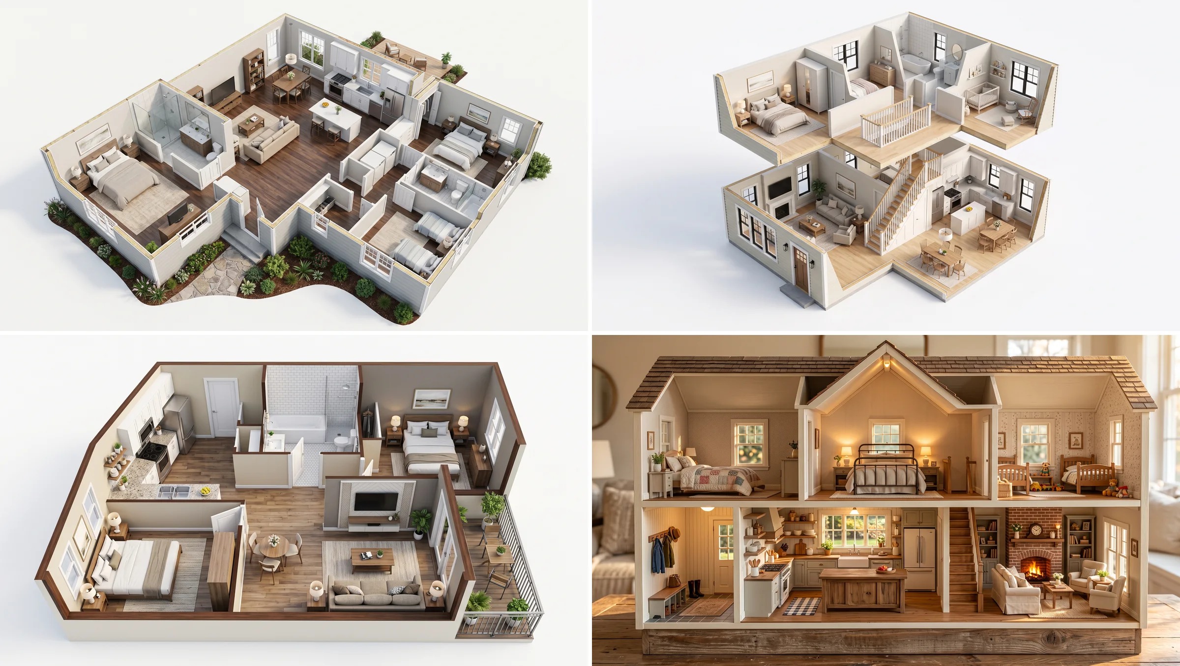Four dollhouse view images: a ranch house with the roof removed seen from above, an exploded view of a two story house with the upper floor lifted, a two bedroom apartment seen from above, and a farmhouse rendered as a physical toy dollhouse standing on a wooden table
