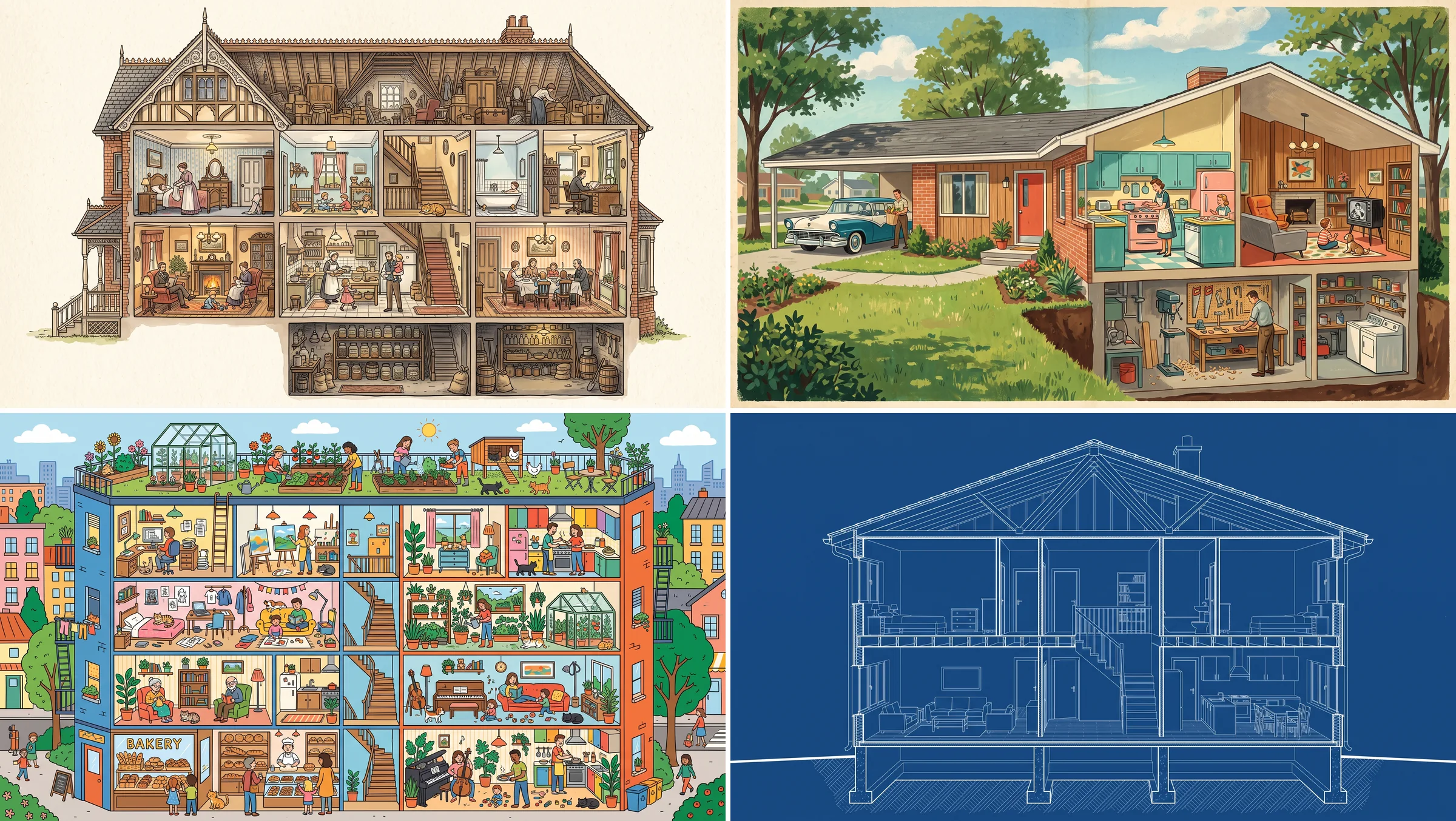 Four cutaway illustrations: a pen and watercolor Victorian house full of a family, a cellar and a cluttered attic, a 1950s gouache ranch house with a carport and basement workshop, a colorful children's book apartment building with a bakery and rooftop garden, and a white on blue blueprint section of a two story house
