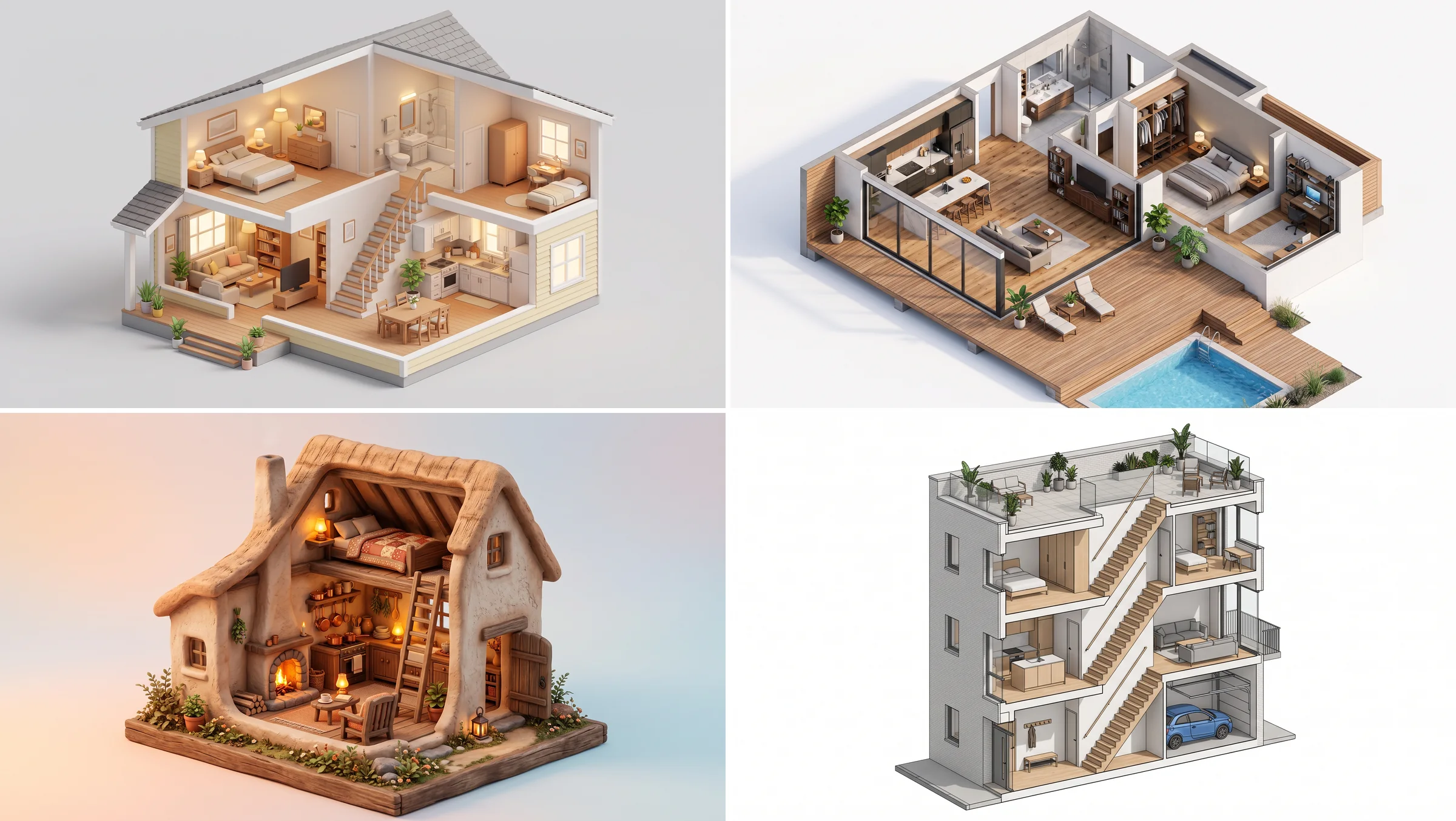 Four isometric cutaway houses generated from the prompts in this guide: a two story suburban house with the front wall removed, a flat roof modern house with a pool deck, a clay cottage with a loft bed, and a narrow four story townhouse with a garage and roof terrace