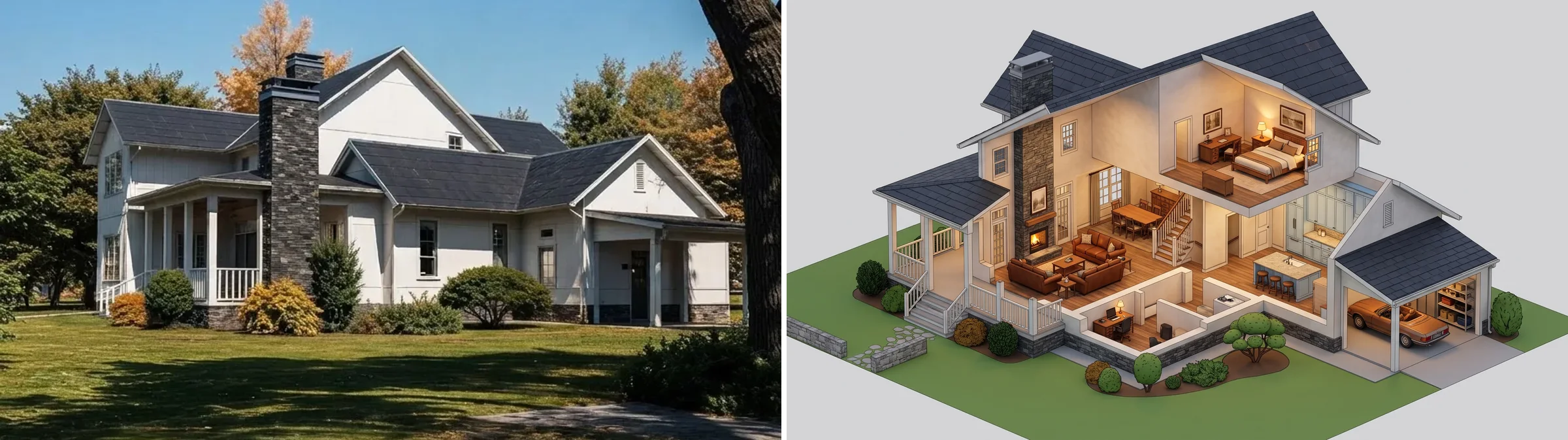 Left, the input image of a white two story farmhouse with a stone chimney and a wraparound porch. Right, the same house as an isometric cutaway with the roof color, chimney and porch kept and furnished rooms invented inside