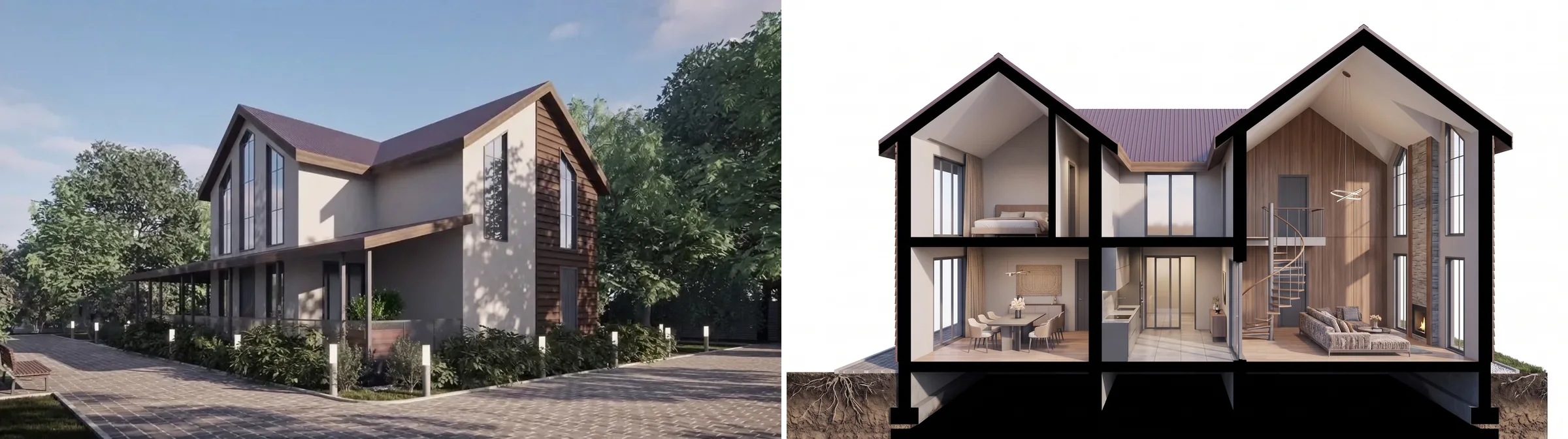 Left, a render of a two gable house with tall windows and a long porch. Right, the same house as a section perspective with both gables kept, a spiral stair and a double height living room invented, and the porch gone