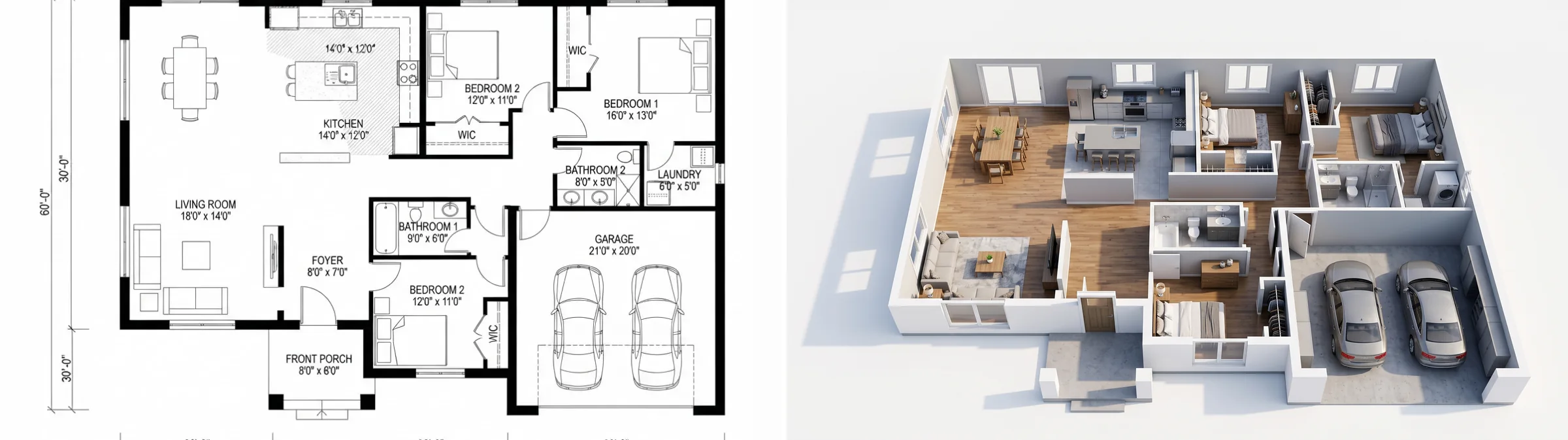 Left, a black and white floor plan of a three bedroom house with a two car garage. Right, the same plan as a furnished 3D dollhouse view with every room in the position the plan shows