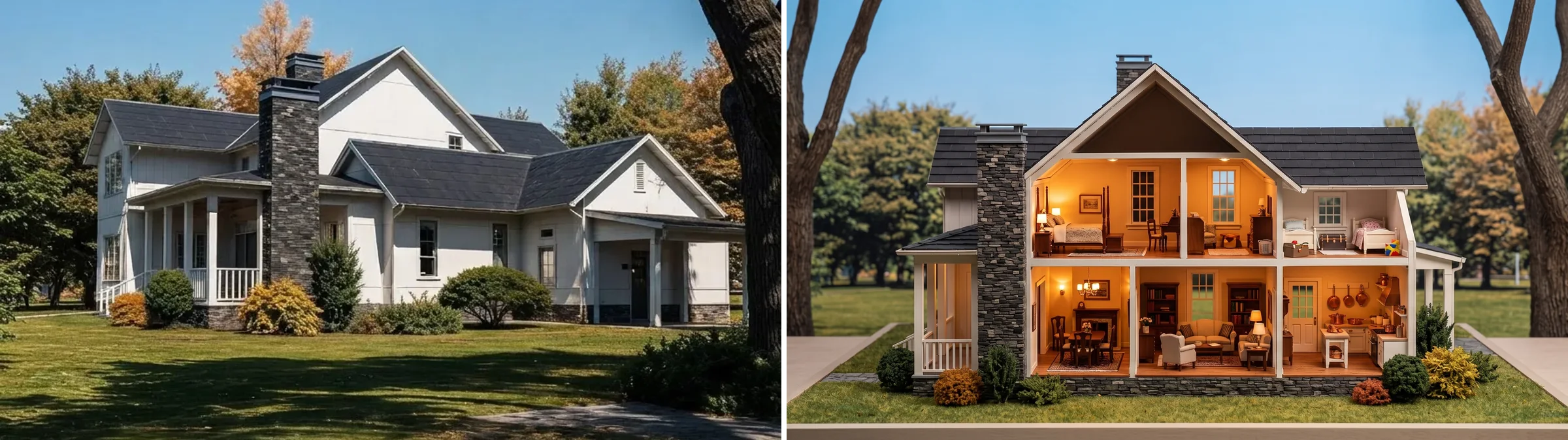Left, the same white farmhouse image. Right, a front facing dollhouse view of it that looks like a miniature model, with the chimney and porch kept and warmly lit rooms on two floors