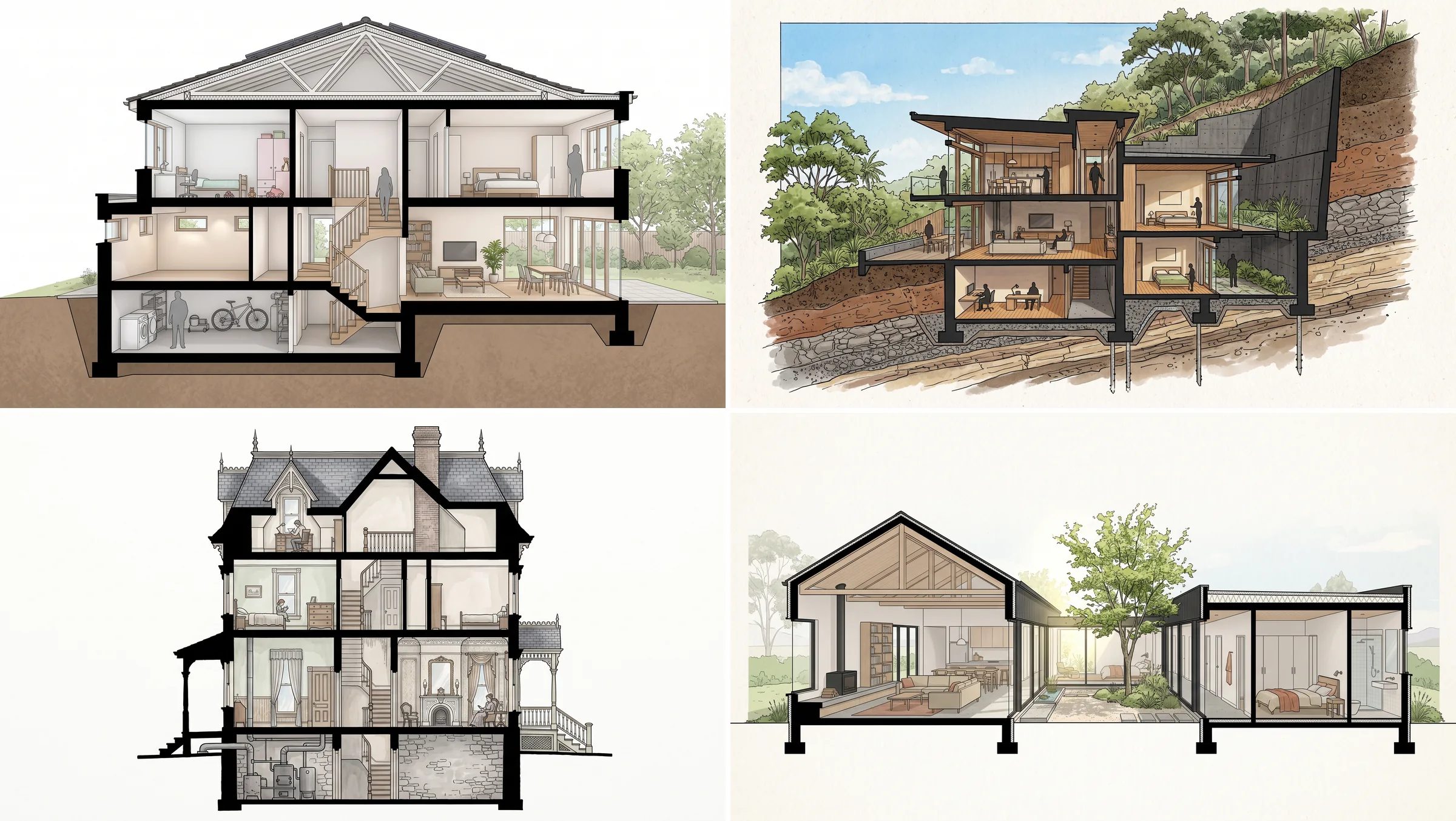 Four house section perspectives: a two story family house cut through the stair with a basement, a hillside house cut against the slope showing soil layers and a retaining wall, a Victorian house from stone basement to attic, and a courtyard house with a tree in the open courtyard