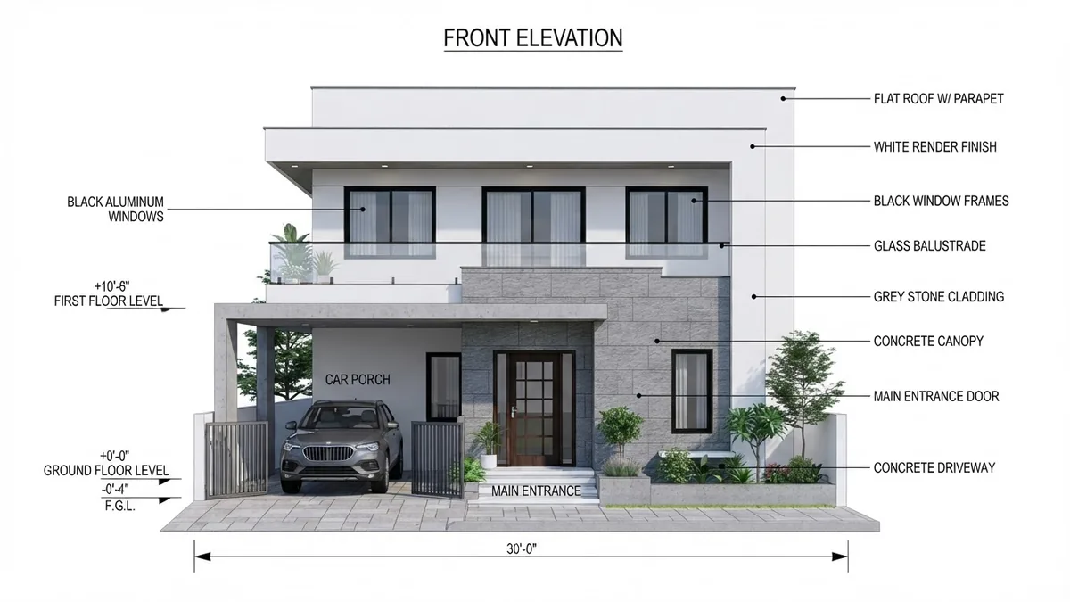 AI generated architectural elevation drawing with dimension lines along the bottom, floor level markers down the left side and material callout labels with leader lines on the right
