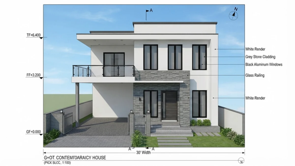 AI generated elevation drawing with garbled title text reading G plus OT CONTEM0ARAICY HOUSE and inconsistent dimension labels