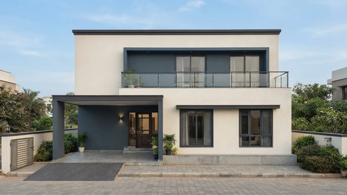 AI generated front elevation of a two storey house in a two tone colour combination with warm off white walls and a deep slate blue recessed entrance bay