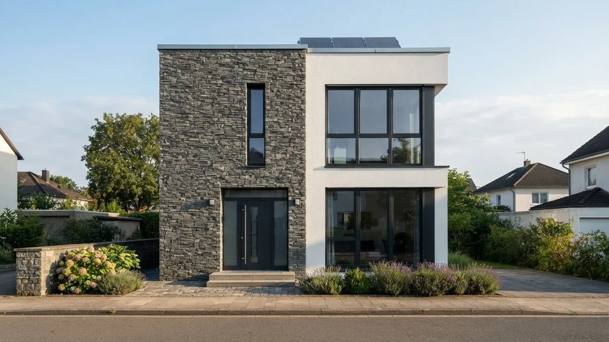 AI generated front elevation of a narrow two storey house on a 20 by 30 foot plot with a stone clad stair bay on the left and a glazed bay on the right