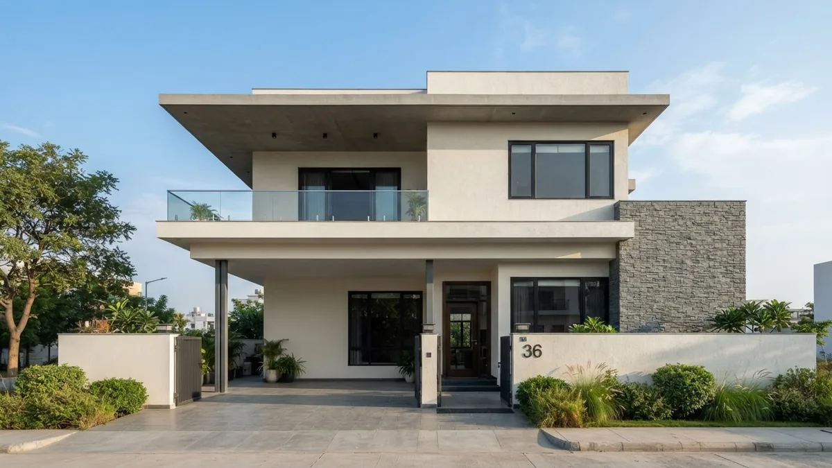 AI generated straight-on front elevation of a modern G+1 house with white render, a grey stone feature wall, black window frames and a car porch on the left