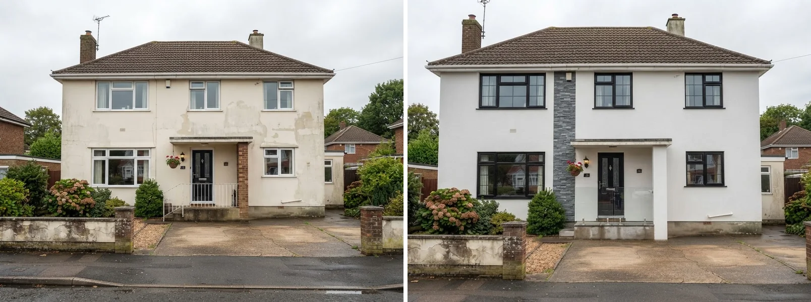 Side by side comparison of the same house, before with painted plaster walls and a metal porch railing, after with white textured render, a grey stacked stone panel, black window frames and a glass railing