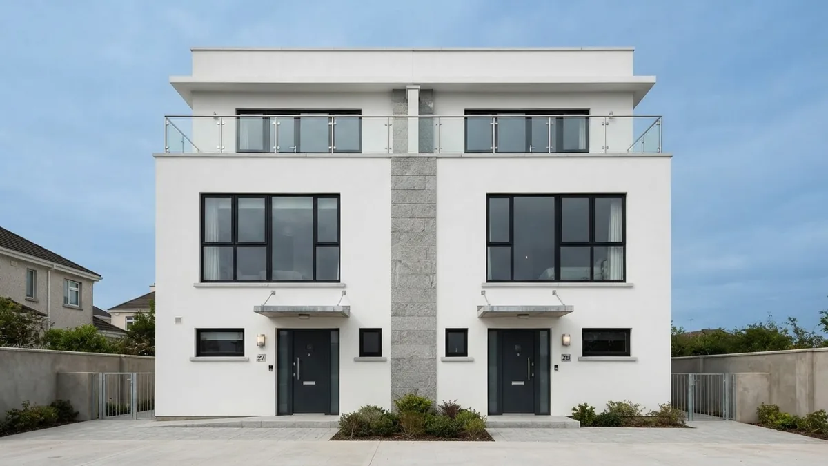 AI generated front elevation of a three storey duplex with two entrance doors side by side and a vertical granite band between the bays