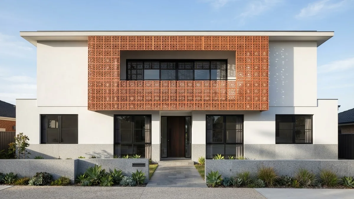 AI generated front elevation of a two storey house with a perforated terracotta jaali screen across the upper floor balcony and a polished granite base course at ground level