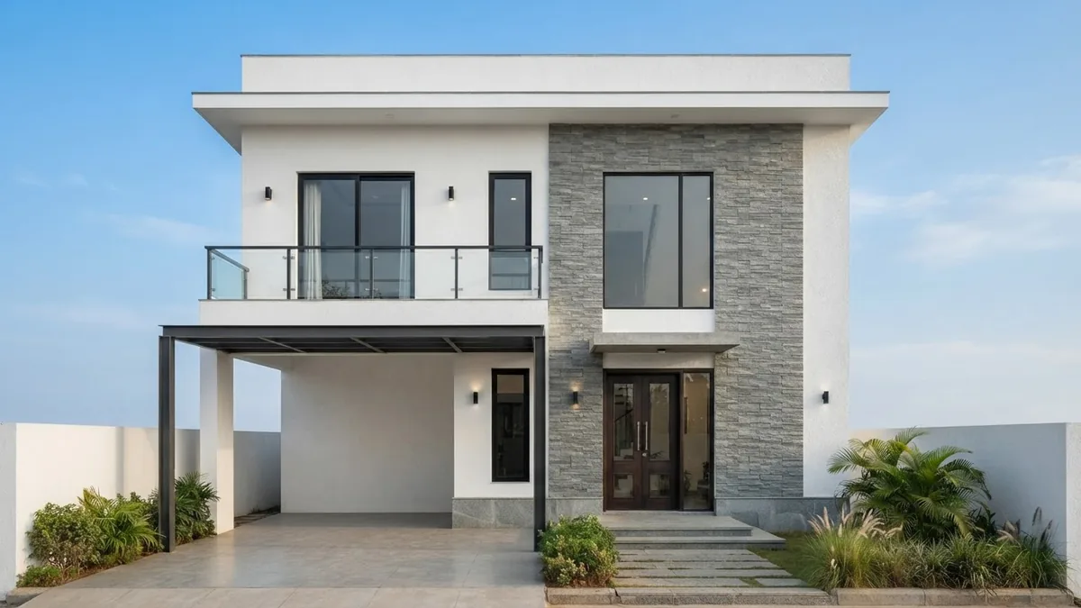 AI generated front elevation of a modern two storey house with a flat roof, white render, grey stacked stone panel by the entrance and an open car porch on the left