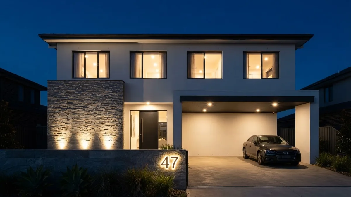 AI generated night front elevation of a modern two storey house with warm uplights washing a stone feature wall and downlights under the car porch soffit